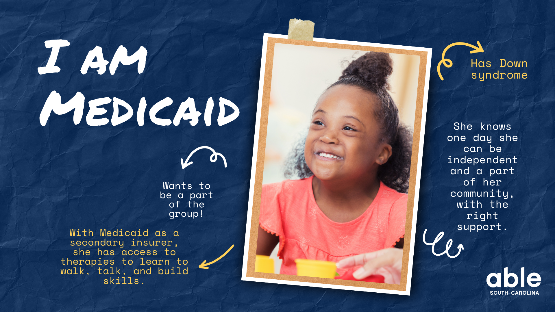 Text over a scrapbook-style dark blue background reads, 'I am Medicaid, Meet Nelly, young girl, Has Down syndrome, Wants to be a part of the group! With Medicaid as a secondary insurer, she has access to therapies to learn to walk, talk, and build skills. She knows one day she can be independent and a part of her community, with the right support.' Arrows point to text from a centered print frame photo of a young Black girl with Down syndrome. Able SC logo at base.