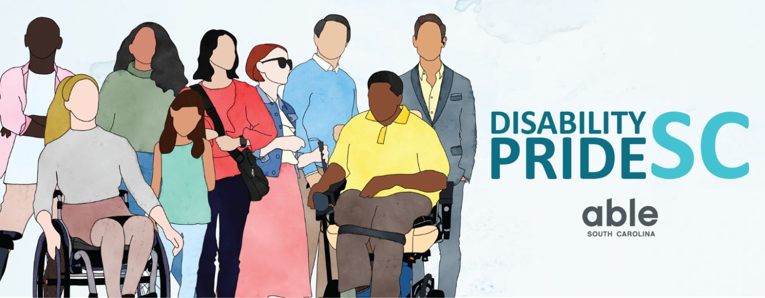 a faintly light blue marbled background. On the left is an illustration of 9 diverse people with various disabilities. On the right in teal is the text 