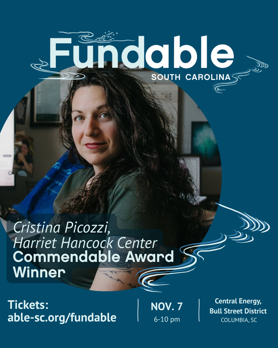 Photo of Cristina Picozzi, a white woman with long hair and tattoos. Text reads, 'Commendable Award,' with fundable logo and event details.