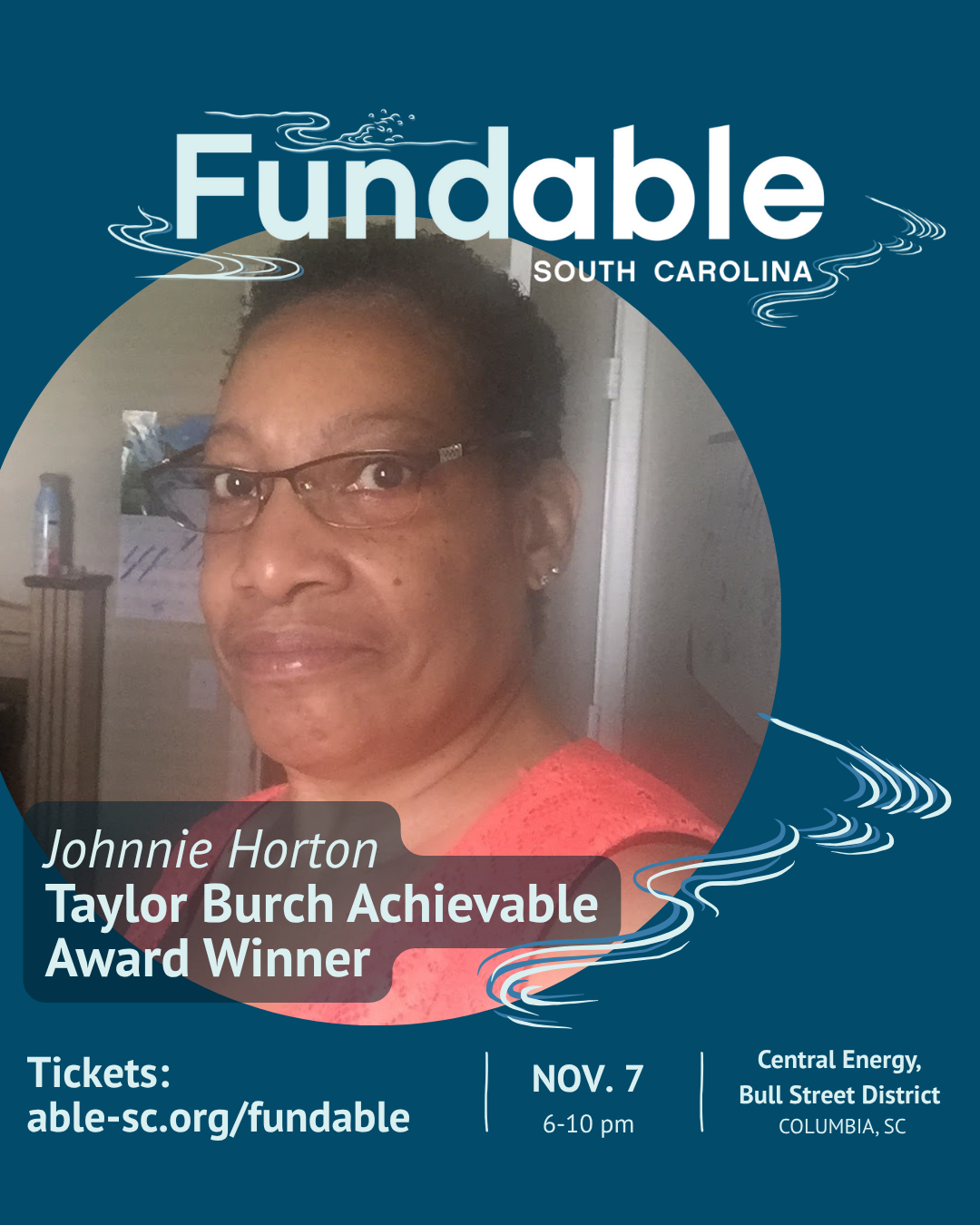 Photo of Johnnie Horton, a black woman with short hair and glasses. Text reads, 'Taylor Burch Achievable Award,' with fundable logo and event details.