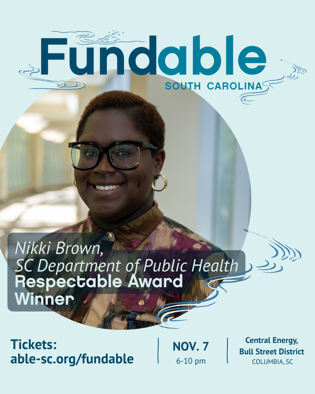 Photo of Nikki Brown, a Black woman with short hair and glasses. Text reads, 'Respectable Award,' with fundable logo and event details.