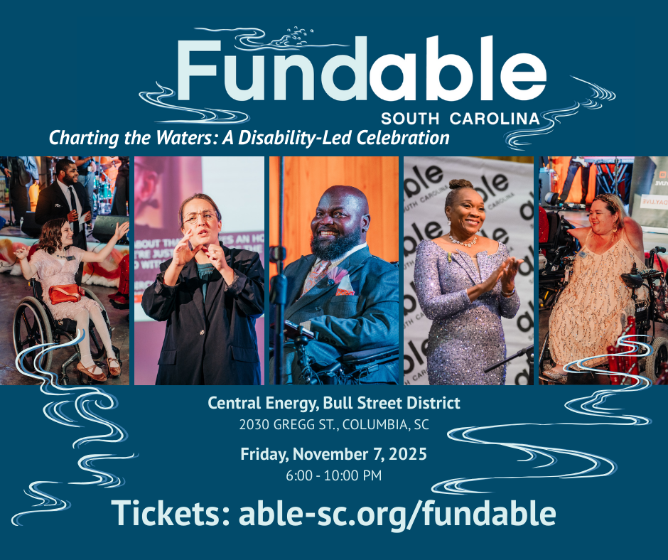 Dark blue graphic with Fundable logo- the text surrounded by line illustrations of flowing water. Text copies the what, when, where from post with ticketing link. Features photo collage from previous years- a young white woman in a wheelchair dancing, an ASL interpreter in front of a large screen with captions, A Black man in a power wheelchair smiling as he accepts and award, A senior Black woman standing and clapping in a sequin dress, a White and Korean woman with a limb difference dancing in a wheelchair.