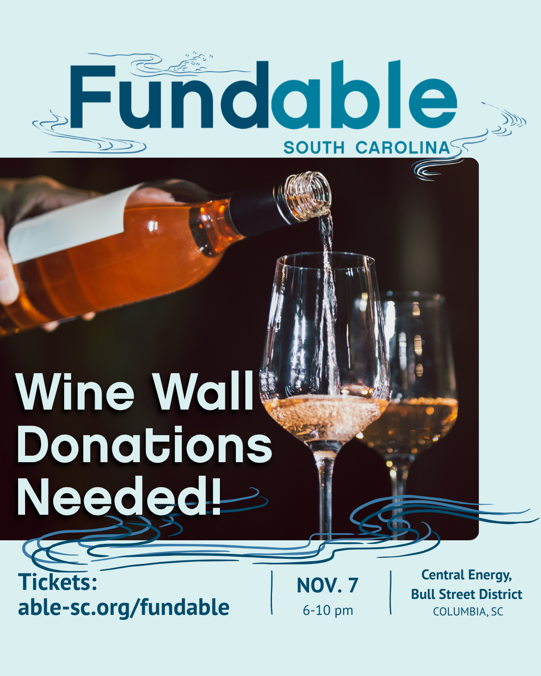 Graphic with image of rose poured from a bottle into a glass. Features fundable logo and event details copied from the post and text, 'Wine wall donations needed!.'