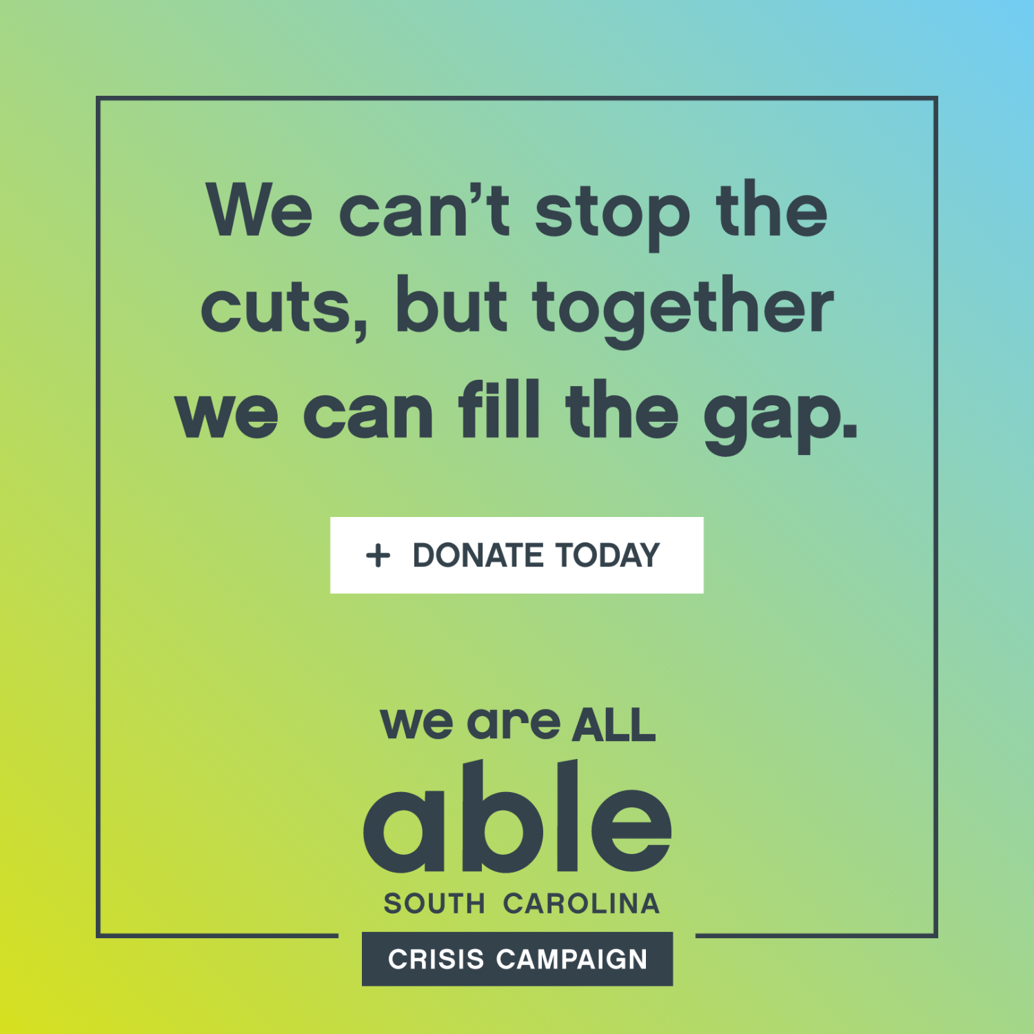 'We can't stop the cuts, but together we can fill the gap,' followed by 'donate today' button with 'we are ALL Able South Carolina, Crisis Campaign' logo text. Dark gray text is over a yellow green to blue gradient background.