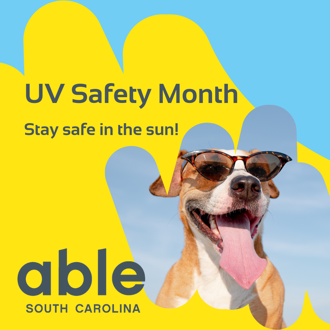 Graphic with a dog wearing sunglasses reads, 'UV Safety month, stay safe in the sun!'